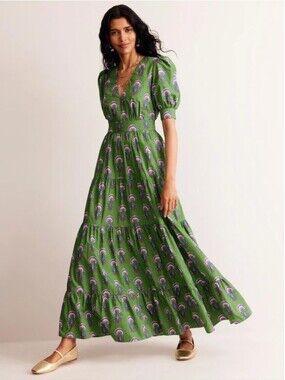 knee length dresses for ladies Lola Blouson Maxi Dress-Rich Emerald, Ornate Tropics